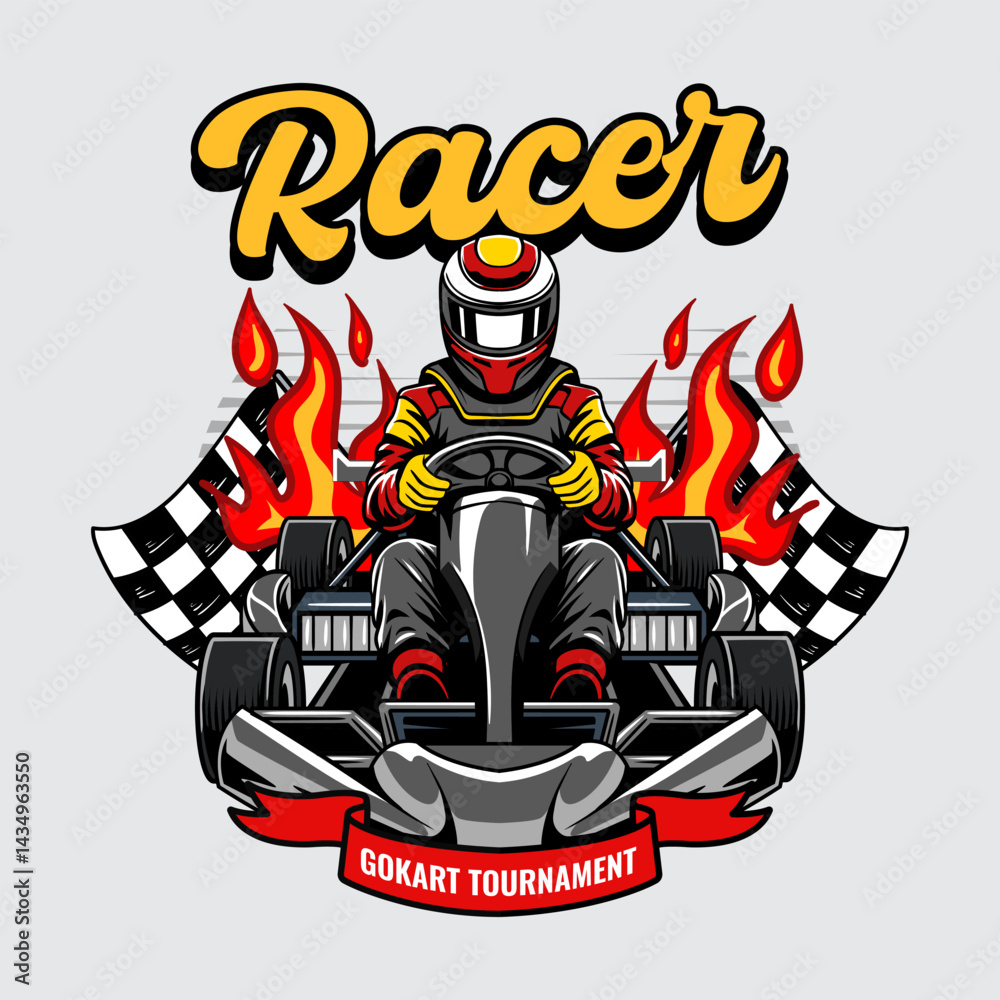 Naklejka premium Kart sport racing, red color with man driver from front view cartoon illustration for poster, t-shirt print, business element, social media content, blog, sticker, vlog, and card