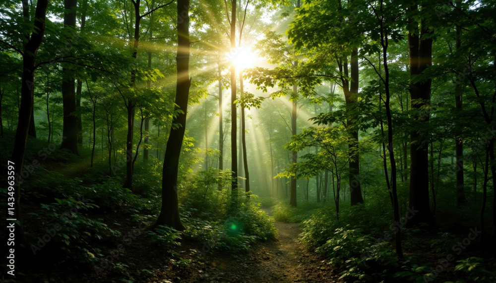 Naklejka premium Sunlight filtering through dense green forest creates serene atmosphere, illuminating path with warm glow