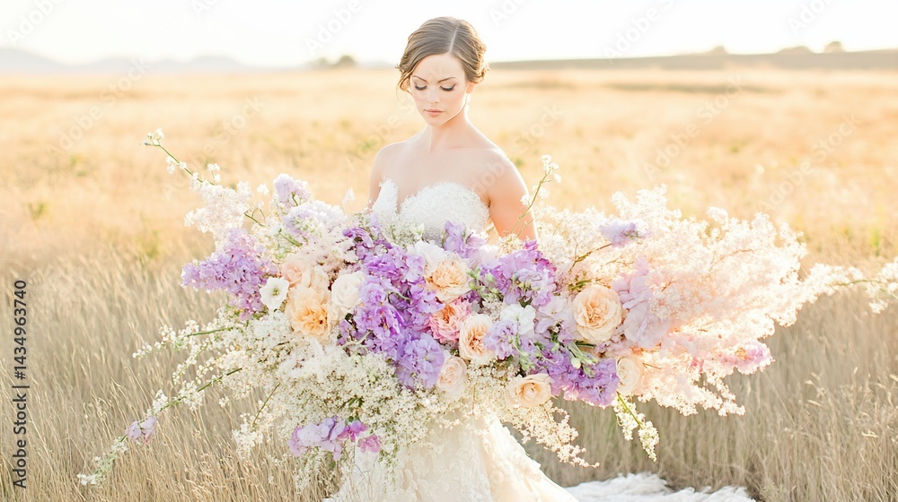 Elegant bride holds a large floral bouquet in a golden field