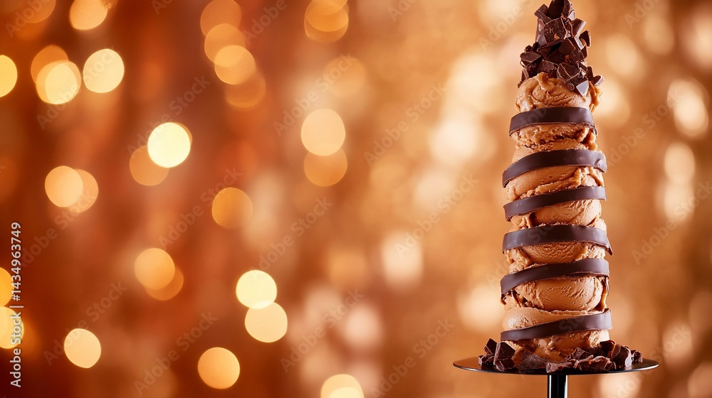 Tower of chocolate ice cream scoops, adorned with dark chocolate curls