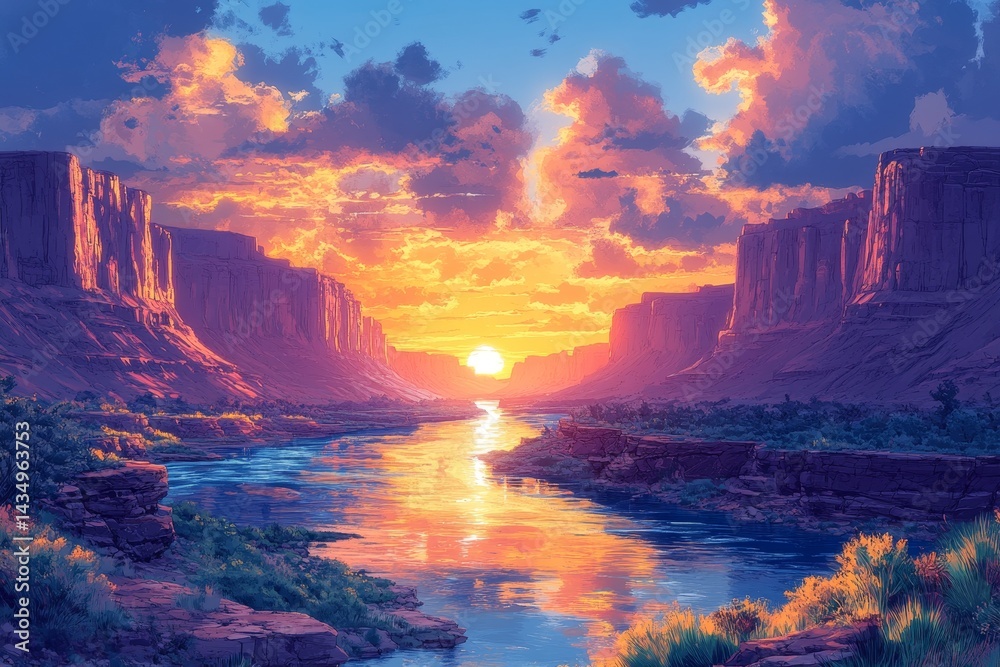 Fototapeta premium Canyon sunset river landscape, peaceful nature scene, travel poster