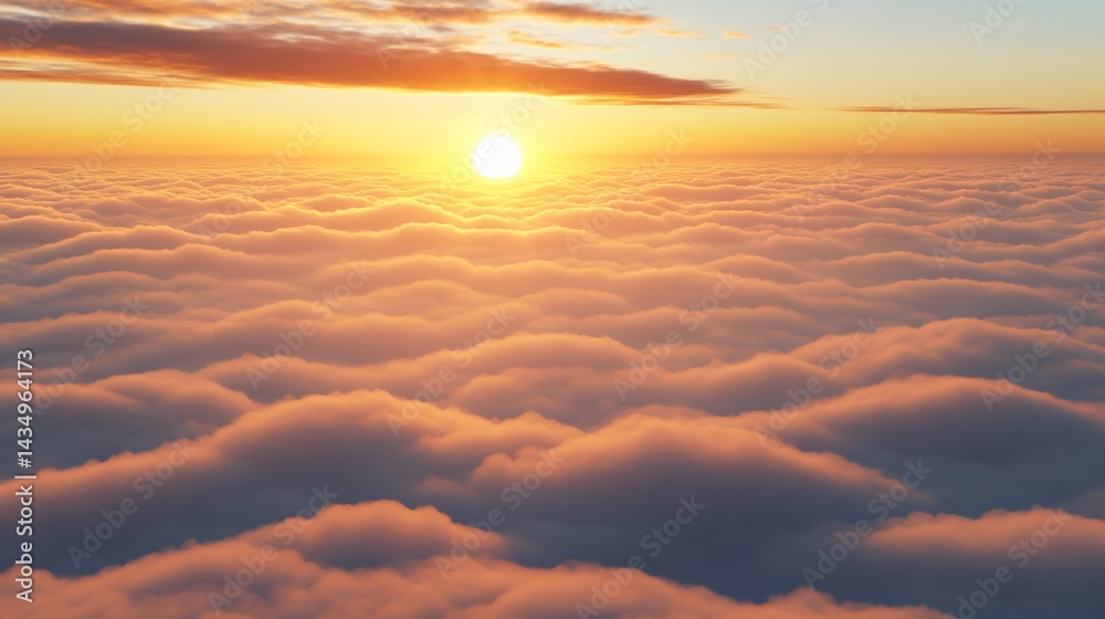 Golden sunrise over a fluffy cloud sea, sky ablaze. Calm, ethereal, and beautiful