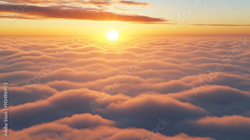 Golden sunrise over a fluffy cloud sea, sky ablaze. Calm, ethereal, and beautiful