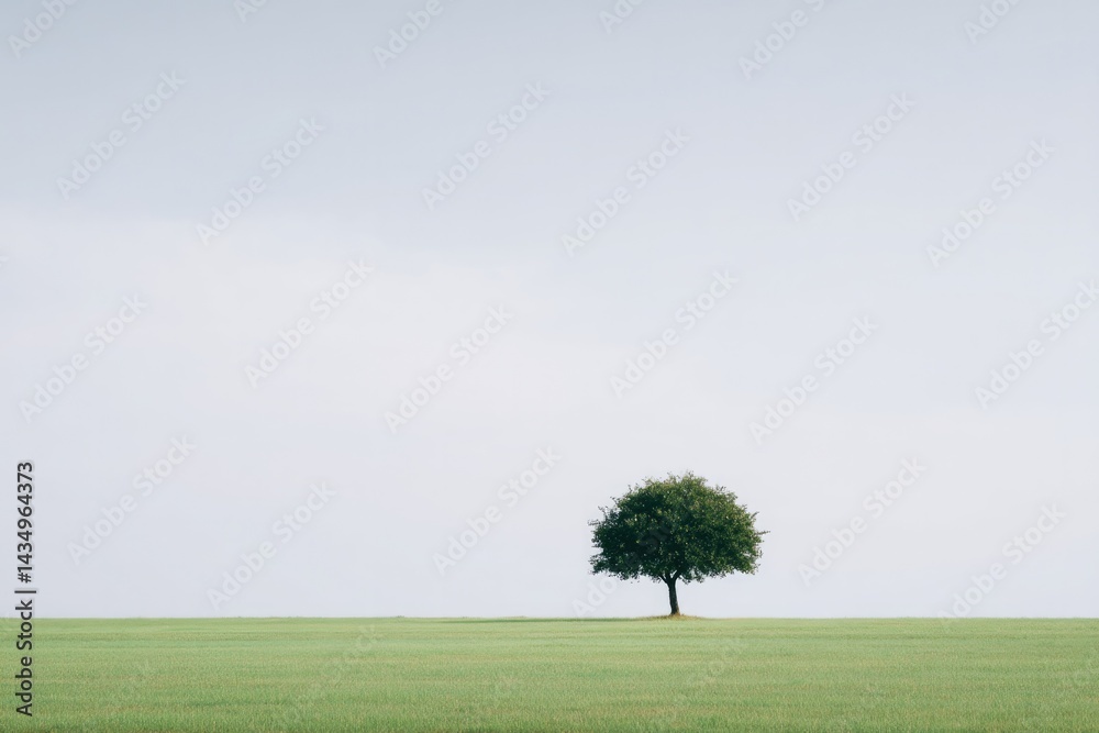 Fototapeta premium solitary tree stands in vast green field beneath pale blue sky minimalistic composition