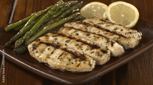 Grilled chicken breast, asparagus, lemon slices