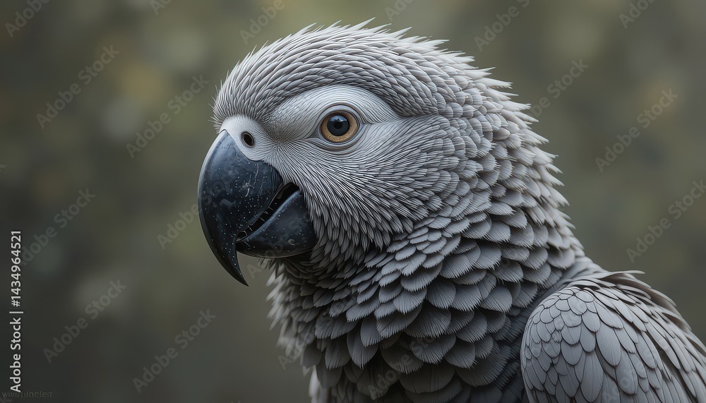 Fototapeta premium Close up portrait of an african grey parrot with detailed feathers and dark beak view