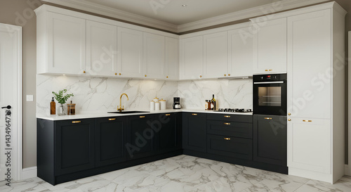 Modern L-shaped Kitchen with Black and White Cabinets