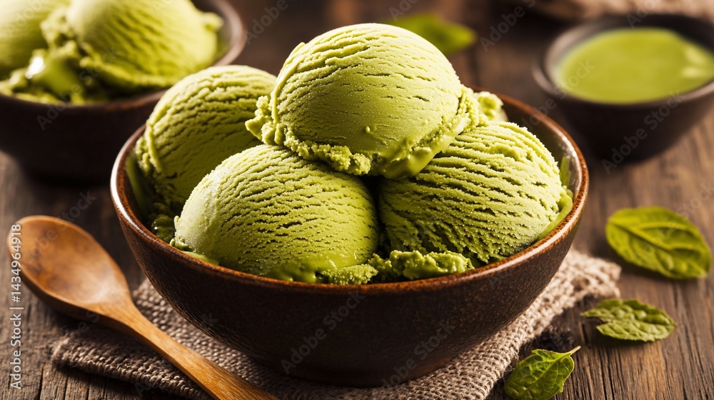 Green matcha ice cream scoops in bowls, wooden spoon & green sauce