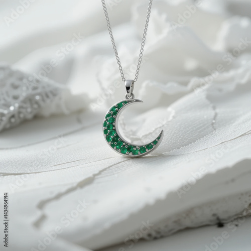 beautiful emerald moon pendant crafted silver, showcasing intricate details and shimmering finish, perfect for elegant
