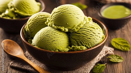 Obraz na płótnie Green matcha ice cream scoops in bowls, wooden spoon & green sauce w salonie