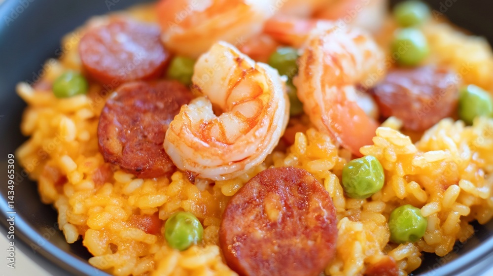 Delicious Paella dish with shrimp and chorizo
