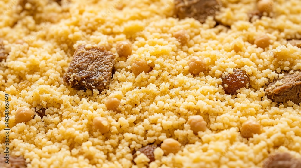 Close-up of cooked couscous with meat chunks and chickpeas
