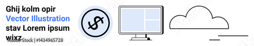 Monitor displaying simple interface alongside dollar icon and cloud shape. Ideal for technology, finance, cloud services, SaaS, computing, business strategy or simple landing page