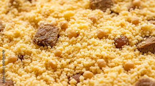 Obraz na płótnie Close-up of cooked couscous with meat chunks and chickpeas w salonie