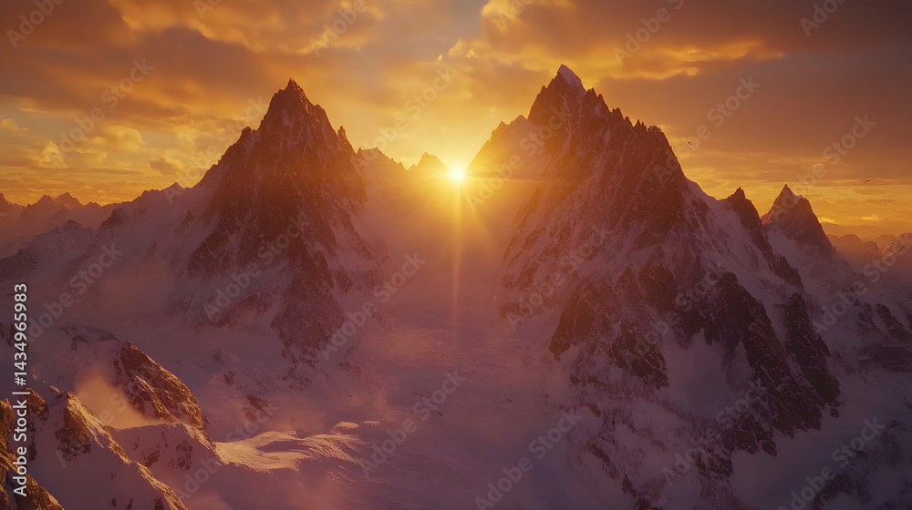 Naklejka premium Majestic sunset illuminates snow-capped mountain peaks, creating a breathtaking panorama of nature's beauty.