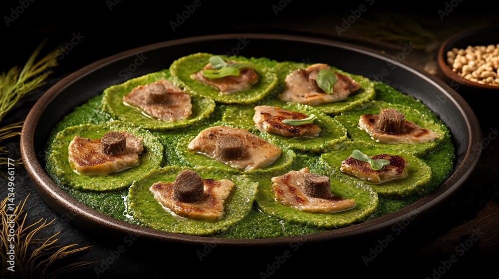 Pan-seared meat atop vibrant green puree, arranged on a dark plate