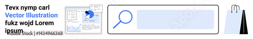 Search bar with magnifying glass, analytics charts, and shopping bags. Ideal for business, e-commerce, technology, data analysis, marketing, online search simple landing page