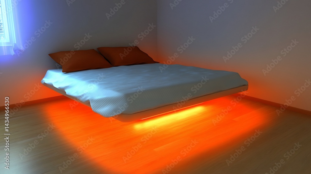 Floating bed with orange light under it in a minimalist bedroom