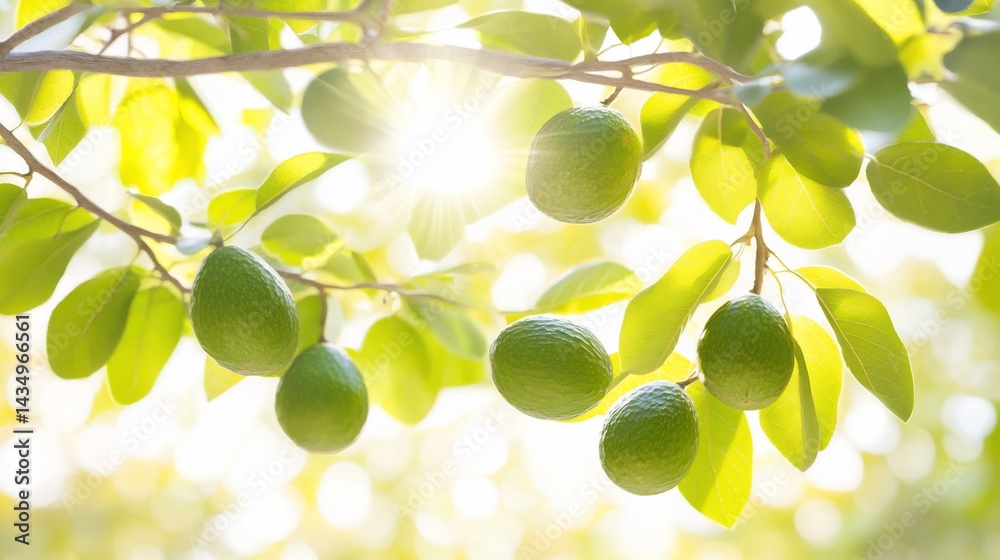 Sunlit avocados ripening on a tree branch