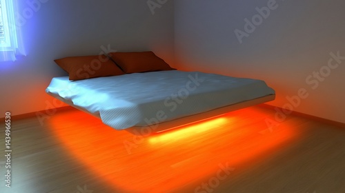 Obraz na płótnie Floating bed with orange light under it in a minimalist bedroom w salonie