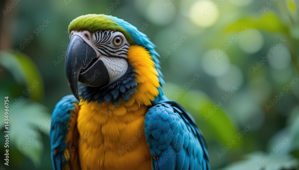 Obraz premium Close up portrait of a blue and yellow macaw with green foliage in the background
