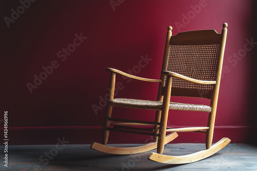 A classic wooden rocking chair with a woven seat against a rich burgundy wall.