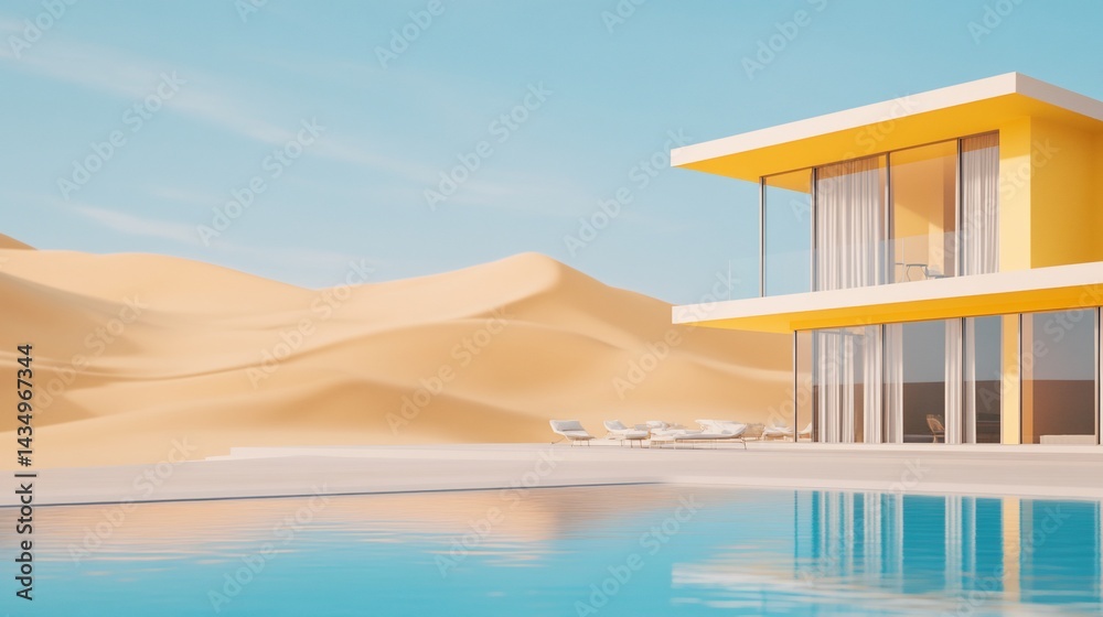 Modern yellow house by a desert pool