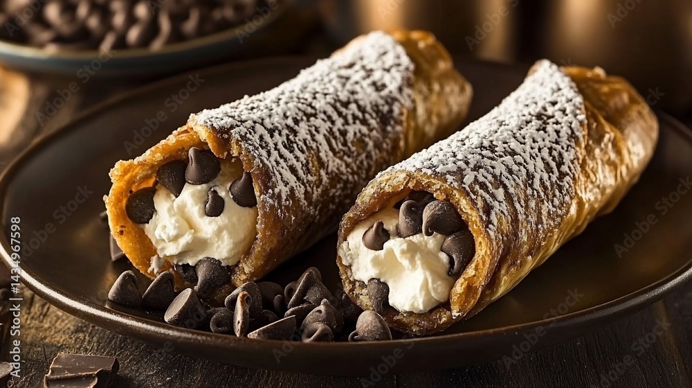 Two cannolis filled with creamy vanilla bean filling and topped with chocolate chips and powdered sugar