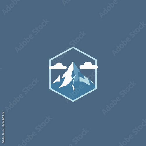 Mountain peak adventure travel logo design with clouds in geometric frame for outdoor brand identity