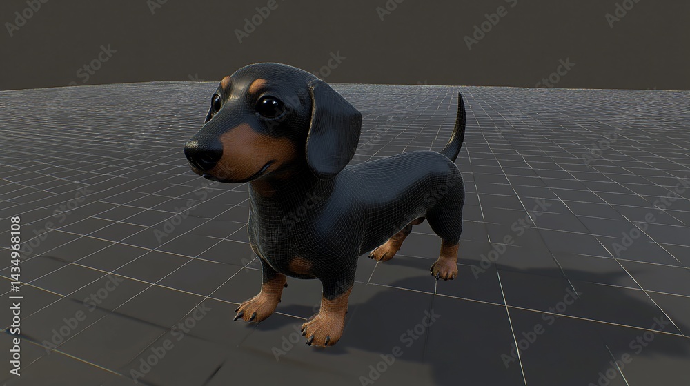 3D-rendered dachshund dog on a gray platform, adorable, detailed texture