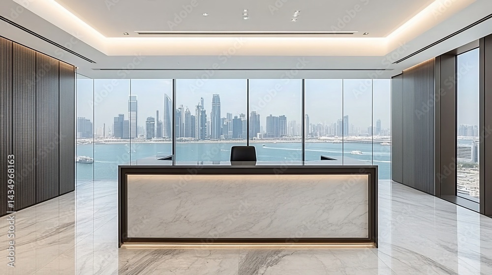 Modern office reception area with city views