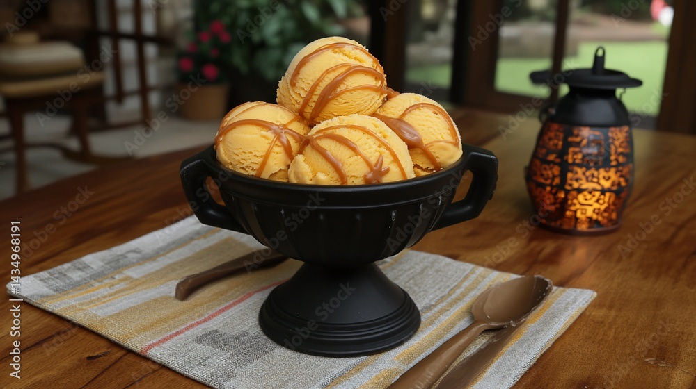 Caramel ice cream scoops in black bowl with spoons and lantern