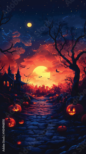 Halloween Horror Background with Glowing Pumpkins.