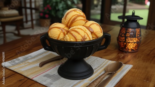 Obraz na płótnie Caramel ice cream scoops in black bowl with spoons and lantern w salonie