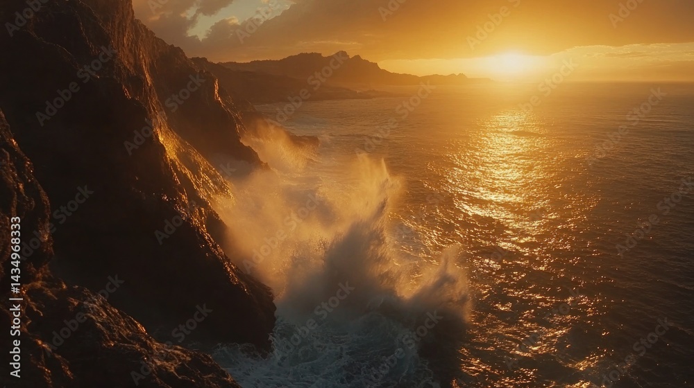 Fototapeta premium Dramatic sunset over crashing waves against cliffs