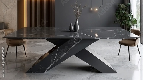 Modern dining room with marble table, chairs, decor, and plants