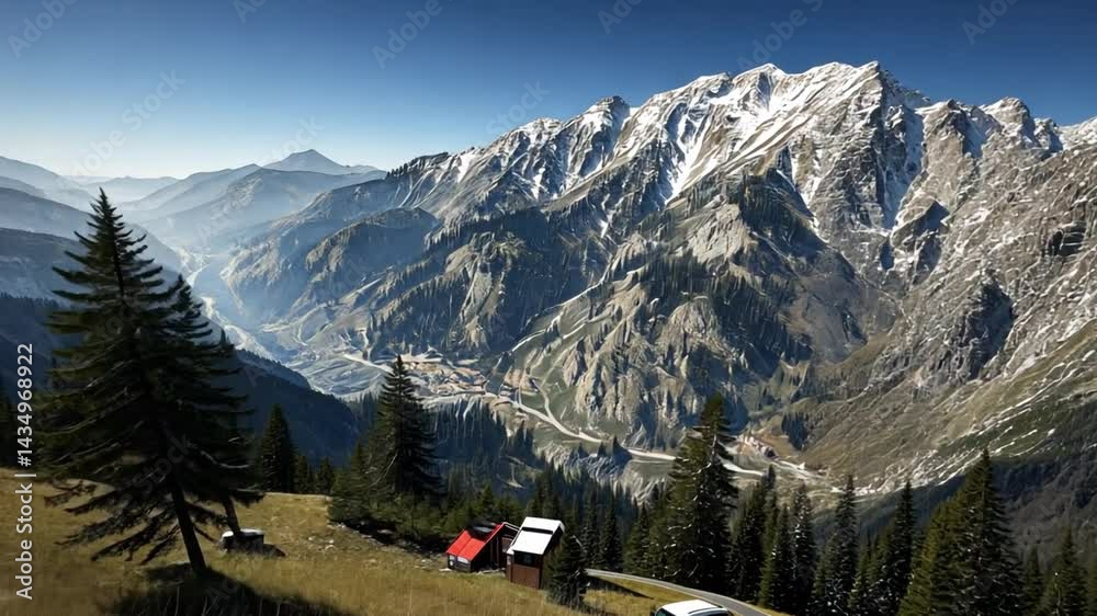 Majestic Mountain Landscape with Scenic Valley and Clear Blue Sky Under Bright Sunlight Majestic Mountain Landscape with Scenic Valley and Clear Blue Sky Under Bright Sunlight