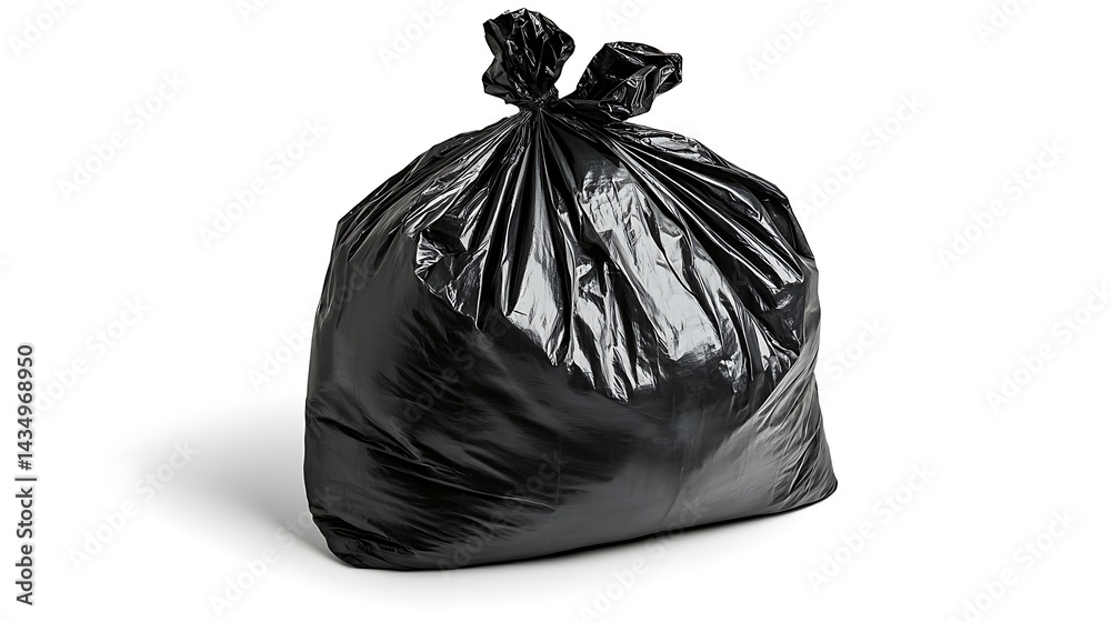 Full Black Garbage Bag Tied on Top Against White Background, Litter Disposal Full Black Garbage Bag Tied on Top Against White Background, Litter Disposal
