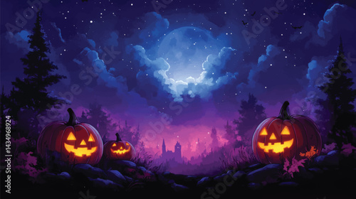 Cuadro en lienzo Sinister Cartoon Pumpkin Patch at Night.