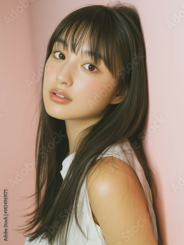 壁に寄りかかる美女のポートレート