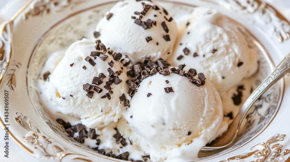 Vanilla ice cream scoops in a decorated bowl with chocolate shavings
