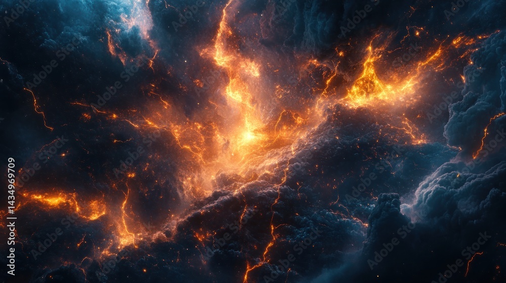 Fototapeta premium Fiery cosmic nebula, swirling in chaos