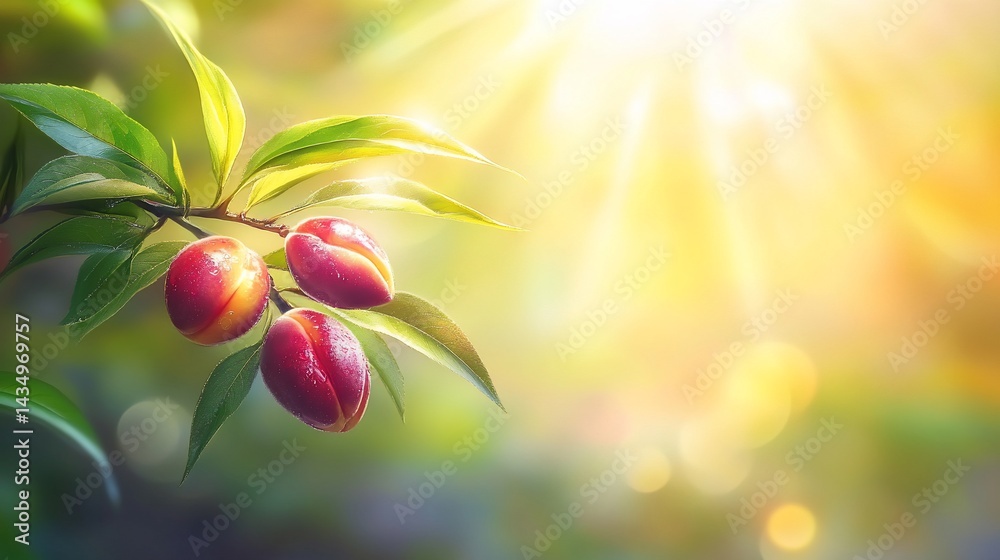 Sunlit plums on a branch, vibrant colors, lush leaves