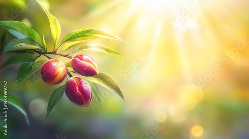 Obraz na płótnie Sunlit plums on a branch, vibrant colors, lush leaves w salonie