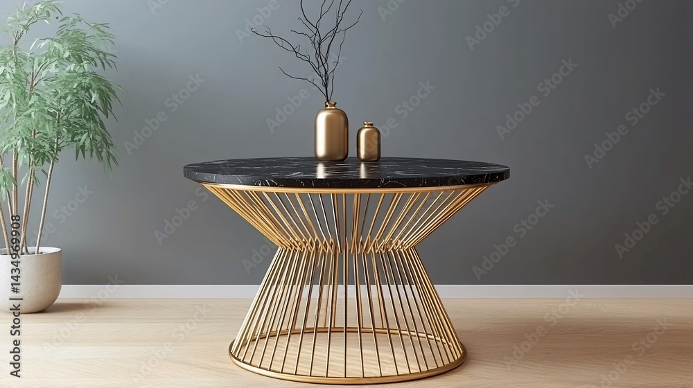 Modern interior design with gold table, plants, and decor
