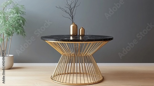 Modern interior design with gold table, plants, and decor