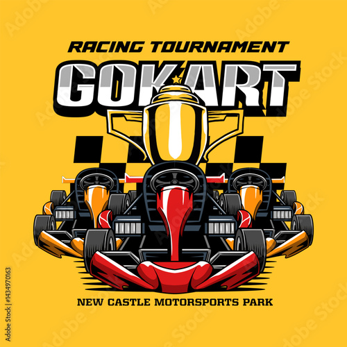 Three Go-Kart sport racing with checkered flag from front view cartoon illustration for poster, t-shirt print, business element, social media content, blog, sticker, vlog, and card