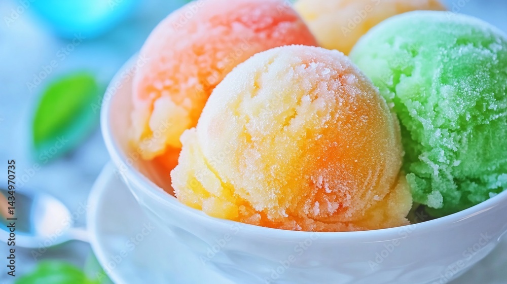 Colorful ice cream scoops in a bowl