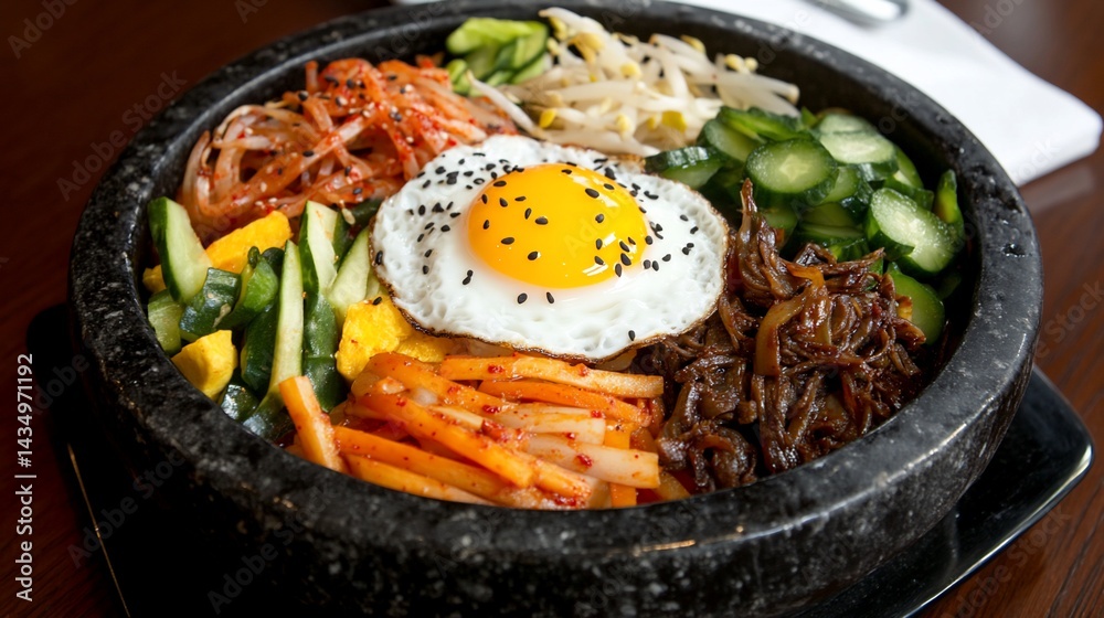 Colorful bibimbap dish with egg & vegetables in a stone bowl