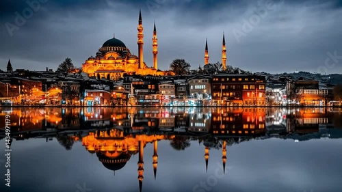 Majestic Night View of Istanbul's Cityscape with Reflections in Water and Illuminated Minarets and Buildings